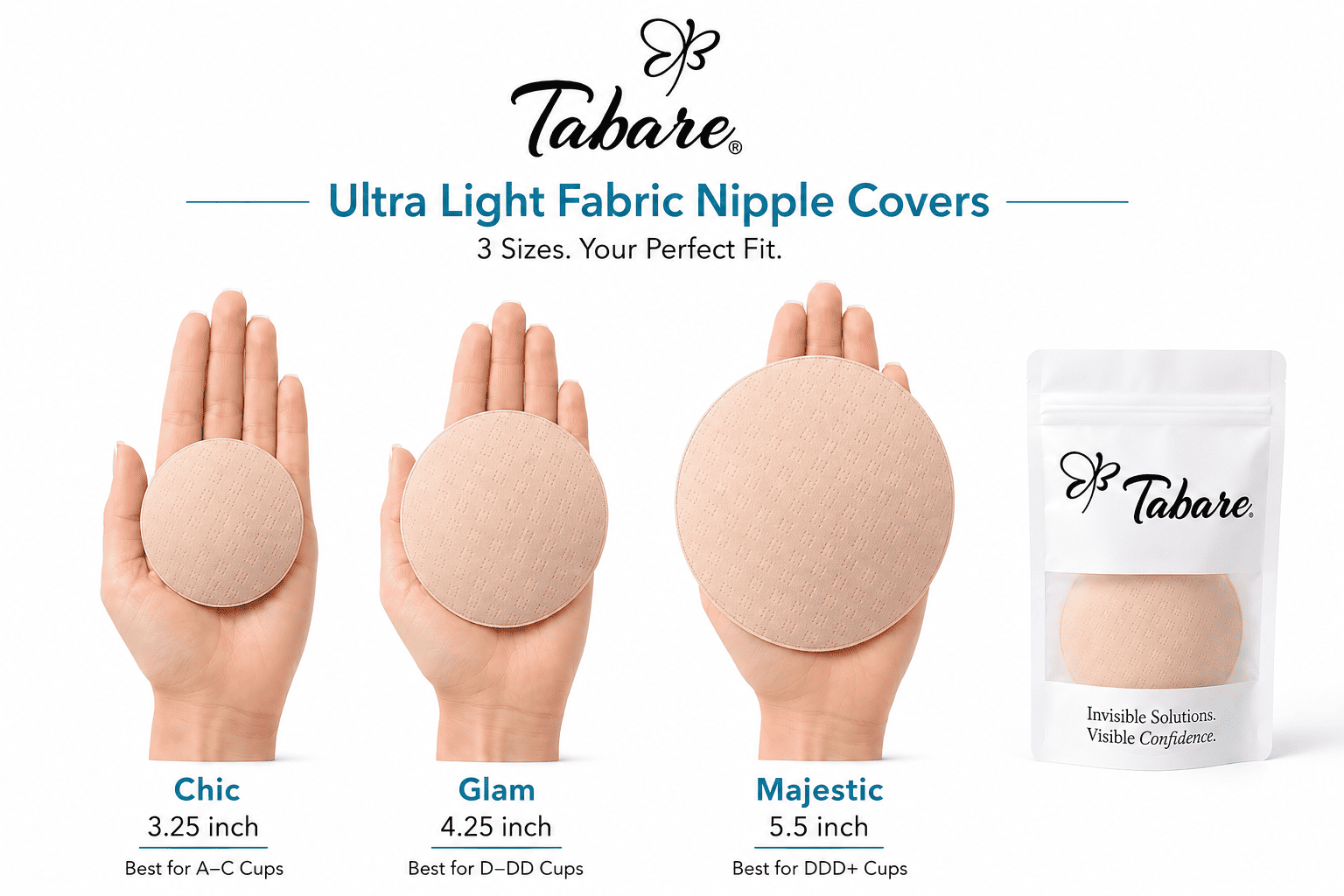 Tabare Ultra Light Fabric Non-Adhesive Nipple Covers Size Comparison