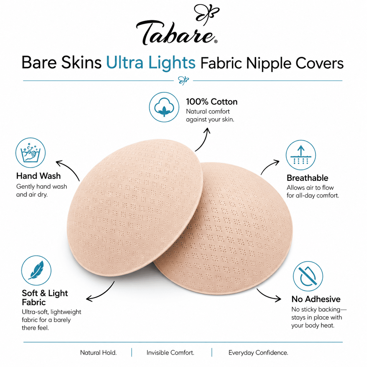 Tabare Ultra Light Fabric Non-Adhesive Nipple Covers Infographic